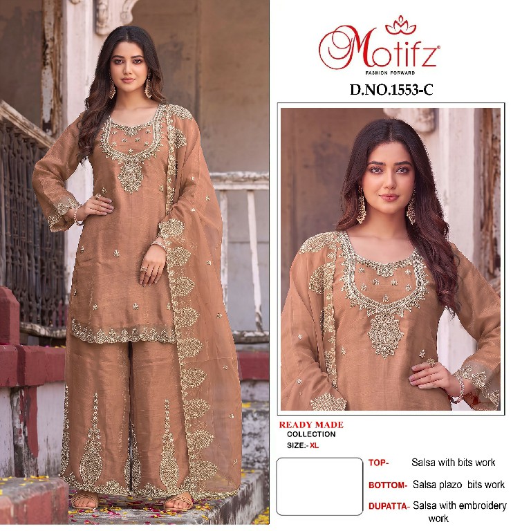 MOTIFZ D.NO 1553 WHOLESALE READYMADE SALSA WITH BEATS WORK PAKISTANI PLAZO STYLE 3 PCS SUITS SUPPLIER