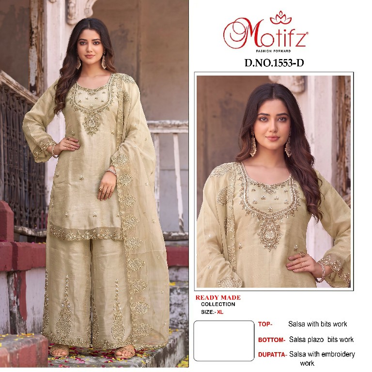 MOTIFZ D.NO 1553 WHOLESALE READYMADE SALSA WITH BEATS WORK PAKISTANI PLAZO STYLE 3 PCS SUITS SUPPLIER