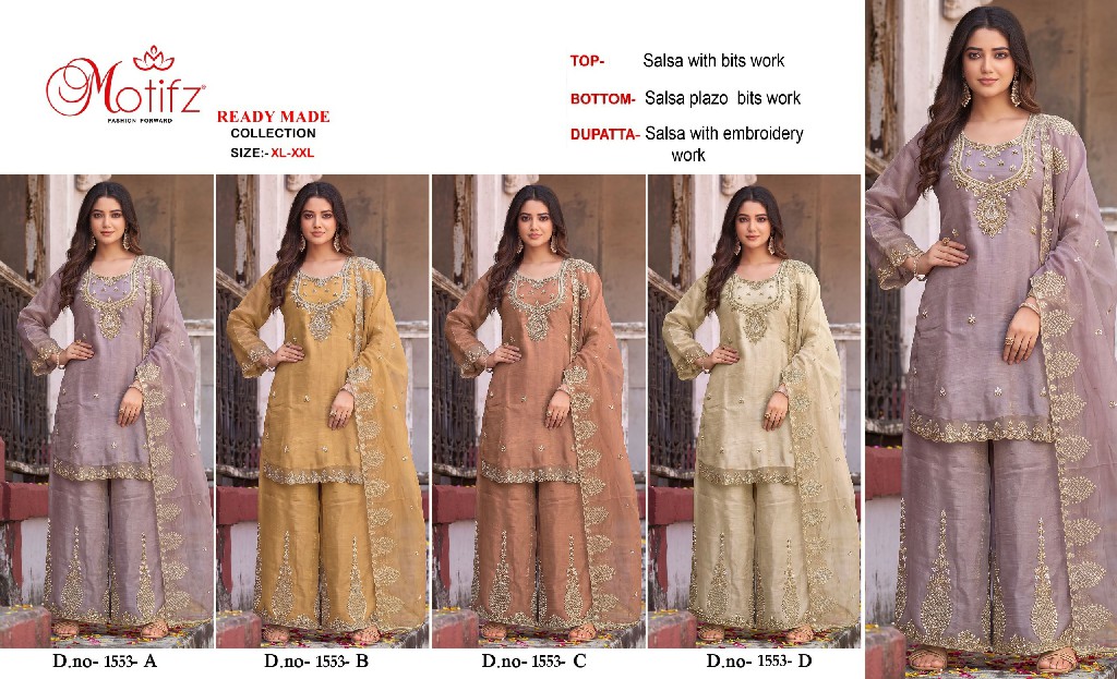 MOTIFZ D.NO 1553 WHOLESALE READYMADE SALSA WITH BEATS WORK PAKISTANI PLAZO STYLE 3 PCS SUITS SUPPLIER
