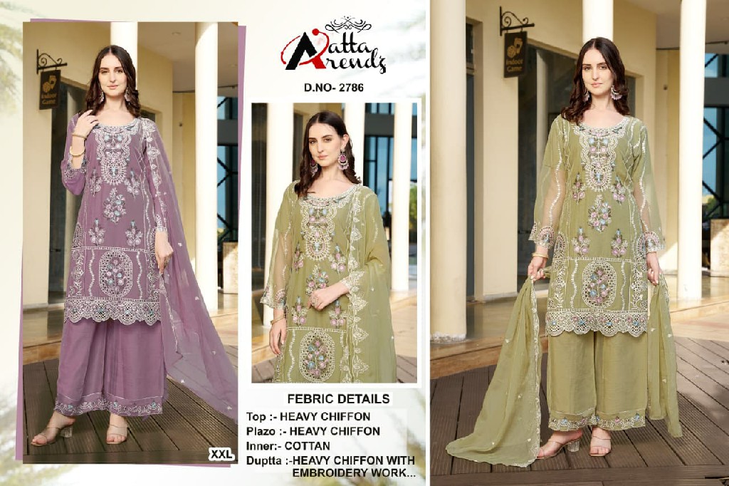 ATTA TRENDZ D.NO 2786 WHOLESALE READYMADE HEAVY CHIFFON DESIGNER PAKISTANI 3 PCS SUITS FOR EXPORT