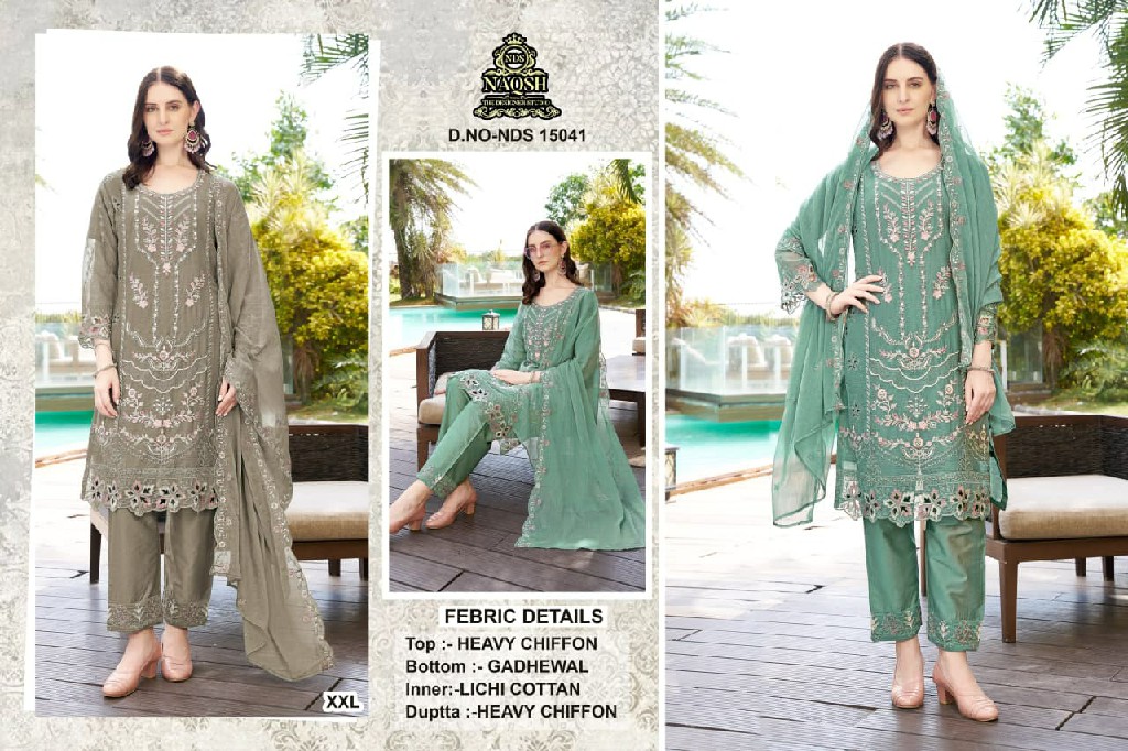 NAQSH D.NO NDS-15041 WHOLESALE READYMADE GOLDEN CHIFFON WITH HAND WORK 3 PCS COMBO SET SUITS SUPPLIER