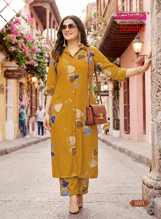 KAVYA NAISHA VOL 5 WHOLESALE READYMADE HEAVY RAYON TRENDY CASUAL WEAR CORD SET FOR EXPORT