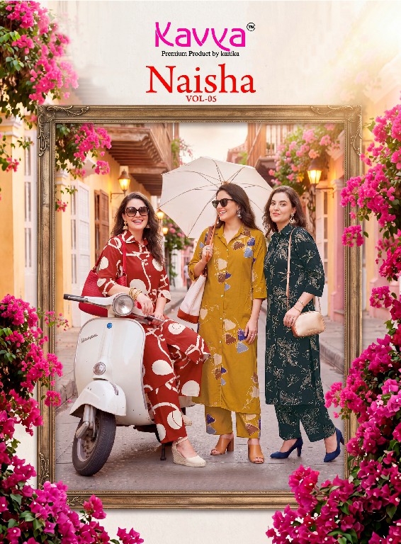 KAVYA NAISHA VOL 5 WHOLESALE READYMADE HEAVY RAYON TRENDY CASUAL WEAR CORD SET FOR EXPORT
