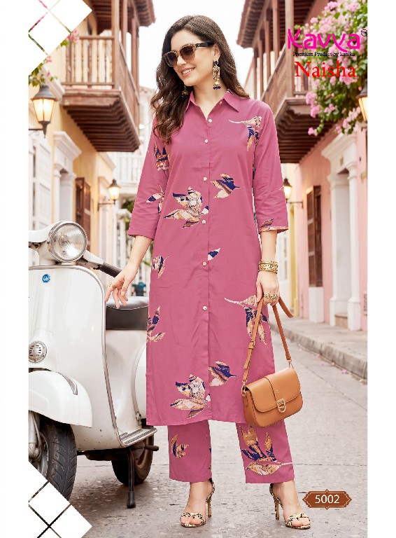 KAVYA NAISHA VOL 5 WHOLESALE READYMADE HEAVY RAYON TRENDY CASUAL WEAR CORD SET FOR EXPORT
