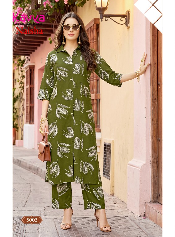 KAVYA NAISHA VOL 5 WHOLESALE READYMADE HEAVY RAYON TRENDY CASUAL WEAR CORD SET FOR EXPORT