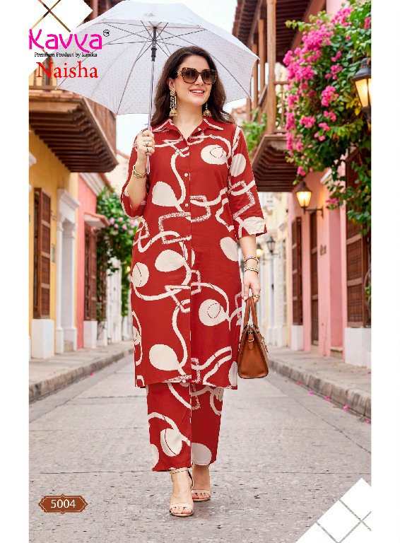 KAVYA NAISHA VOL 5 WHOLESALE READYMADE HEAVY RAYON TRENDY CASUAL WEAR CORD SET FOR EXPORT