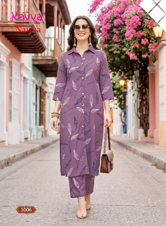 KAVYA NAISHA VOL 5 WHOLESALE READYMADE HEAVY RAYON TRENDY CASUAL WEAR CORD SET FOR EXPORT