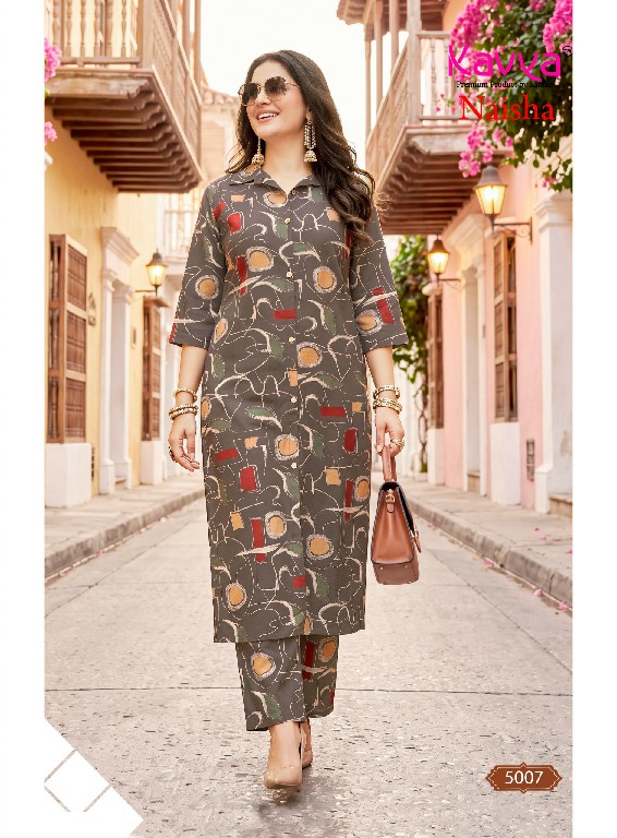 KAVYA NAISHA VOL 5 WHOLESALE READYMADE HEAVY RAYON TRENDY CASUAL WEAR CORD SET FOR EXPORT