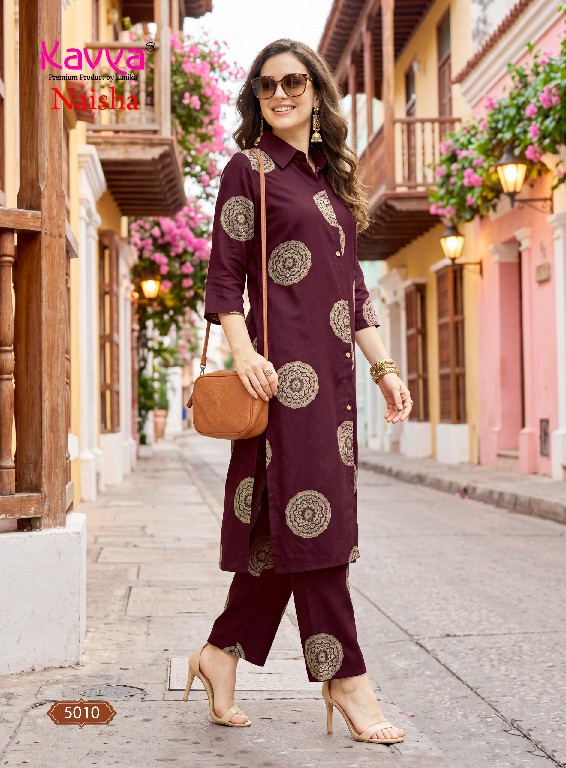 KAVYA NAISHA VOL 5 WHOLESALE READYMADE HEAVY RAYON TRENDY CASUAL WEAR CORD SET FOR EXPORT