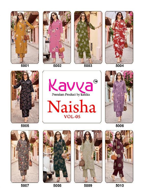 KAVYA NAISHA VOL 5 WHOLESALE READYMADE HEAVY RAYON TRENDY CASUAL WEAR CORD SET FOR EXPORT