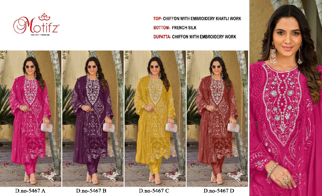 MOTIFZ D.NO 5467 WHOLESALE CHIFFON PAKISTANI PRETTY LOOK UNSTITCH SALWAR SUITS FOR EXPORT