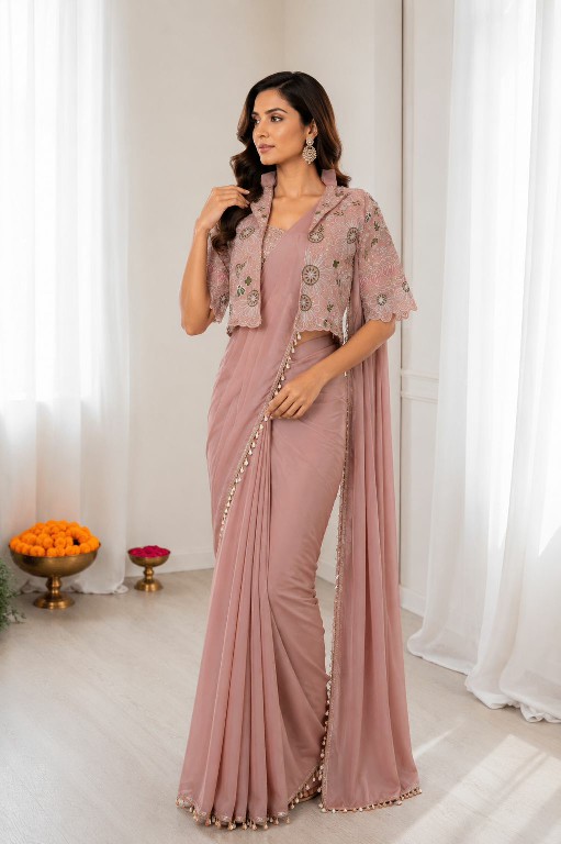 PURPLE CREATION D.NO PC-59 WHOLESALE HEAVY CREP SILK READY TO WEAR SAREE WITH JACKET FOR WOMEN EXPORTER