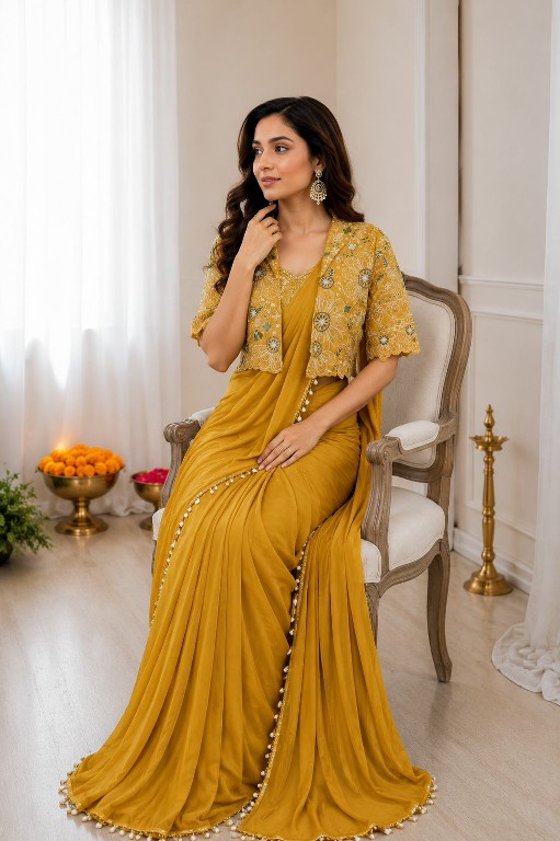 PURPLE CREATION D.NO PC-59 WHOLESALE HEAVY CREP SILK READY TO WEAR SAREE WITH JACKET FOR WOMEN EXPORTER