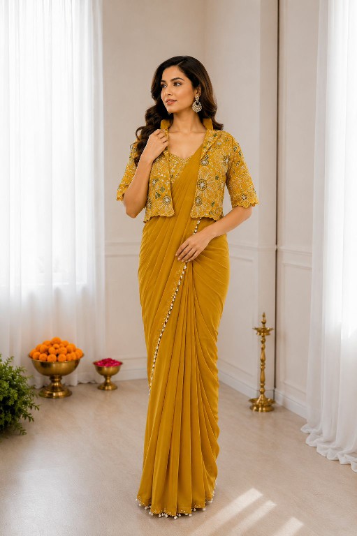 PURPLE CREATION D.NO PC-59 WHOLESALE HEAVY CREP SILK READY TO WEAR SAREE WITH JACKET FOR WOMEN EXPORTER