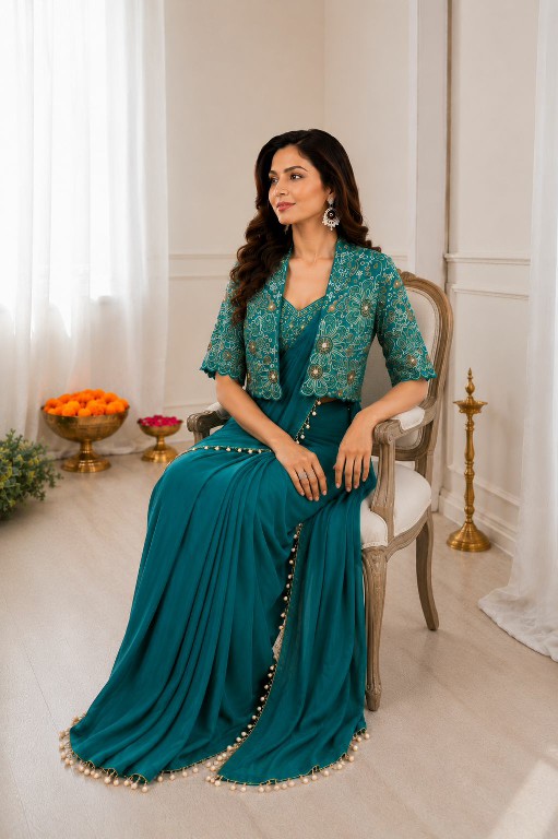 PURPLE CREATION D.NO PC-59 WHOLESALE HEAVY CREP SILK READY TO WEAR SAREE WITH JACKET FOR WOMEN EXPORTER