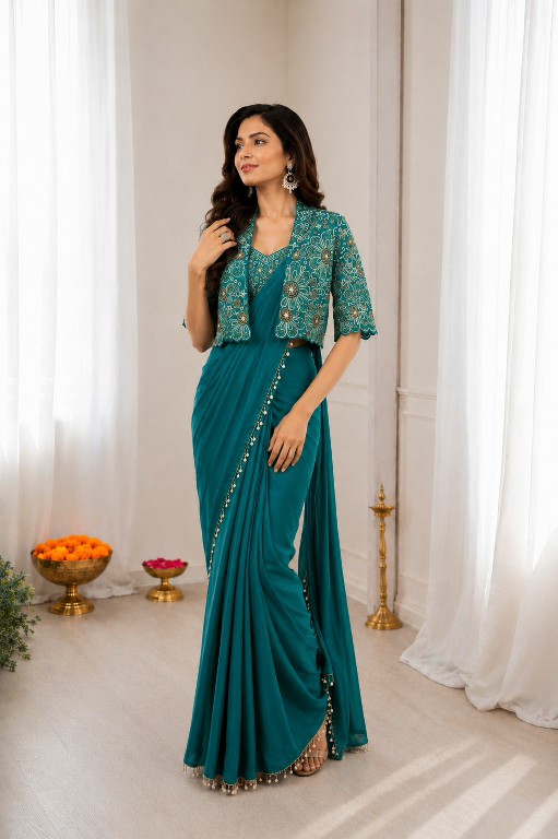 PURPLE CREATION D.NO PC-59 WHOLESALE HEAVY CREP SILK READY TO WEAR SAREE WITH JACKET FOR WOMEN EXPORTER