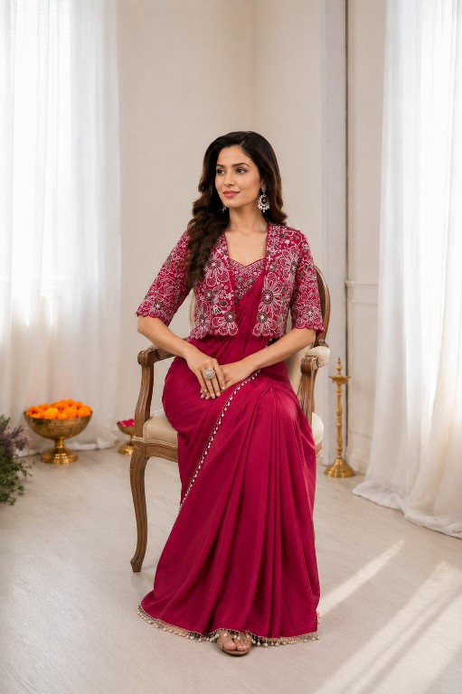 PURPLE CREATION D.NO PC-59 WHOLESALE HEAVY CREP SILK READY TO WEAR SAREE WITH JACKET FOR WOMEN EXPORTER
