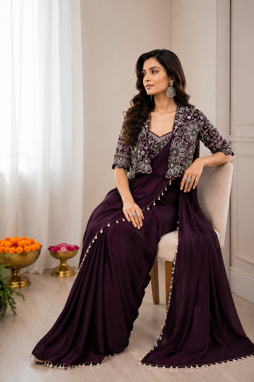 PURPLE CREATION D.NO PC-59 WHOLESALE HEAVY CREP SILK READY TO WEAR SAREE WITH JACKET FOR WOMEN EXPORTER