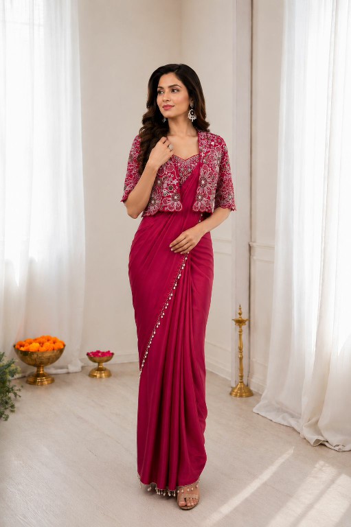 PURPLE CREATION D.NO PC-59 WHOLESALE HEAVY CREP SILK READY TO WEAR SAREE WITH JACKET FOR WOMEN EXPORTER