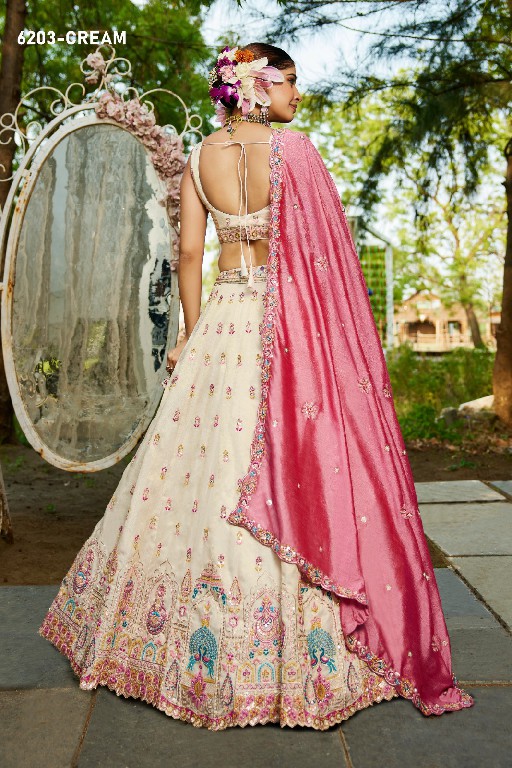 PF SERIES D.NO 6203 WHOLESALE TISSUE WITH WORK FESTIVE WEAR LEHENGA CHOLI FOR EXPORT