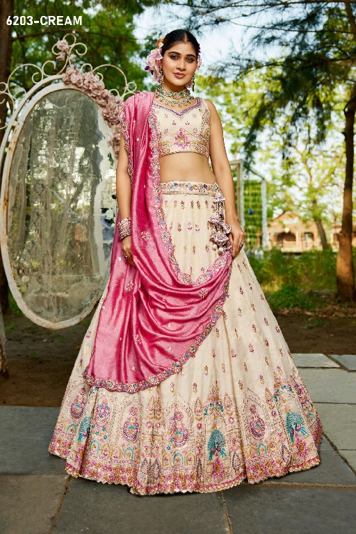 PF SERIES D.NO 6203 WHOLESALE TISSUE WITH WORK FESTIVE WEAR LEHENGA CHOLI FOR EXPORT