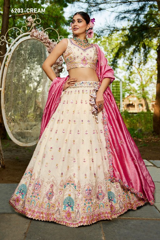 PF SERIES D.NO 6203 WHOLESALE TISSUE WITH WORK FESTIVE WEAR LEHENGA CHOLI FOR EXPORT