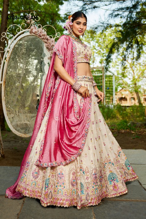 PF SERIES D.NO 6203 WHOLESALE TISSUE WITH WORK FESTIVE WEAR LEHENGA CHOLI FOR EXPORT