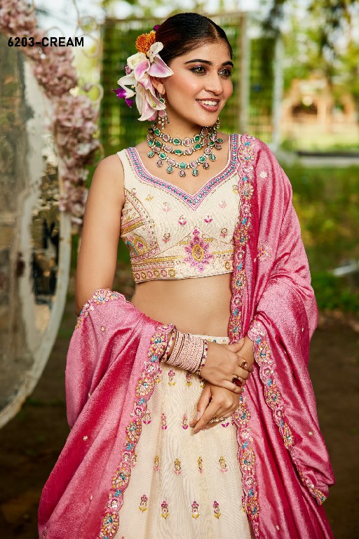 PF SERIES D.NO 6203 WHOLESALE TISSUE WITH WORK FESTIVE WEAR LEHENGA CHOLI FOR EXPORT