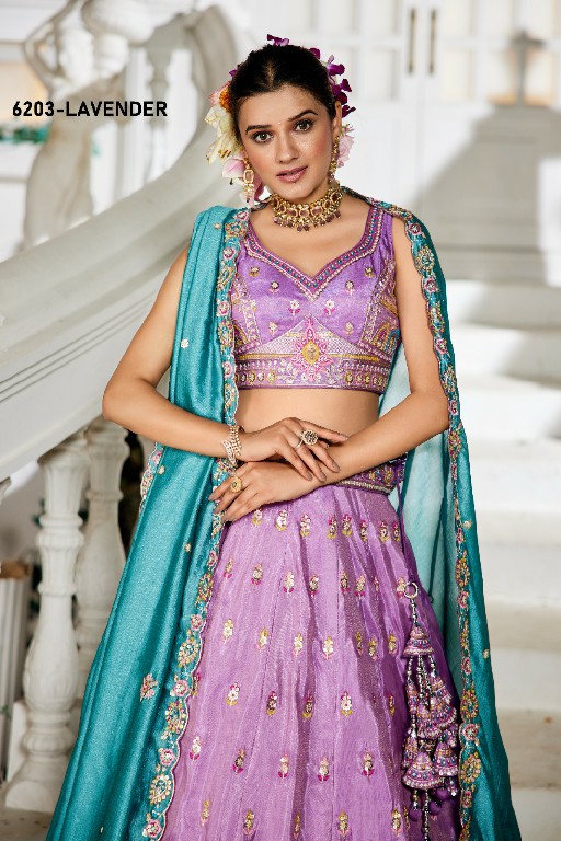 PF SERIES D.NO 6203 WHOLESALE TISSUE WITH WORK FESTIVE WEAR LEHENGA CHOLI FOR EXPORT