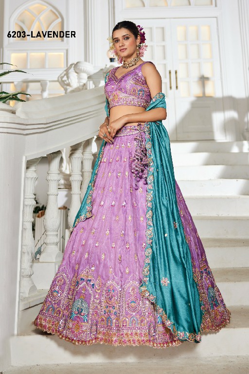PF SERIES D.NO 6203 WHOLESALE TISSUE WITH WORK FESTIVE WEAR LEHENGA CHOLI FOR EXPORT