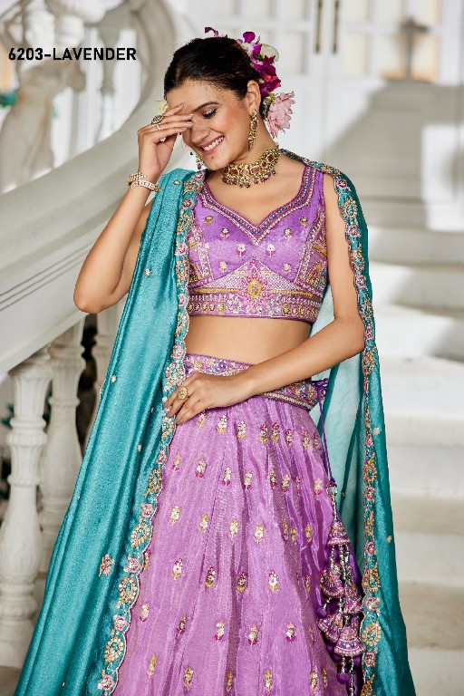 PF SERIES D.NO 6203 WHOLESALE TISSUE WITH WORK FESTIVE WEAR LEHENGA CHOLI FOR EXPORT