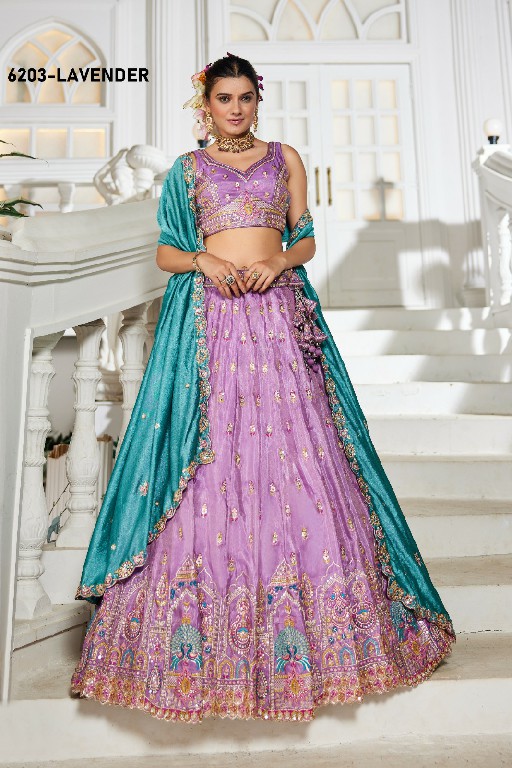 PF SERIES D.NO 6203 WHOLESALE TISSUE WITH WORK FESTIVE WEAR LEHENGA CHOLI FOR EXPORT