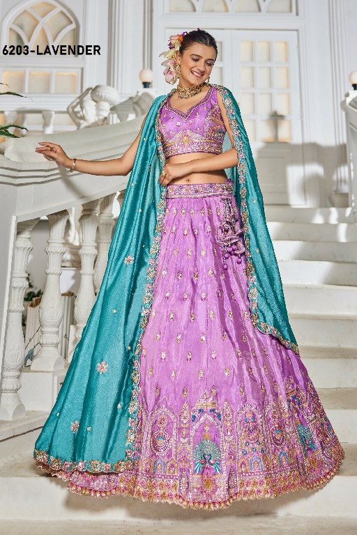 PF SERIES D.NO 6203 WHOLESALE TISSUE WITH WORK FESTIVE WEAR LEHENGA CHOLI FOR EXPORT