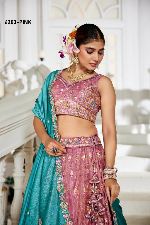 PF SERIES D.NO 6203 WHOLESALE TISSUE WITH WORK FESTIVE WEAR LEHENGA CHOLI FOR EXPORT