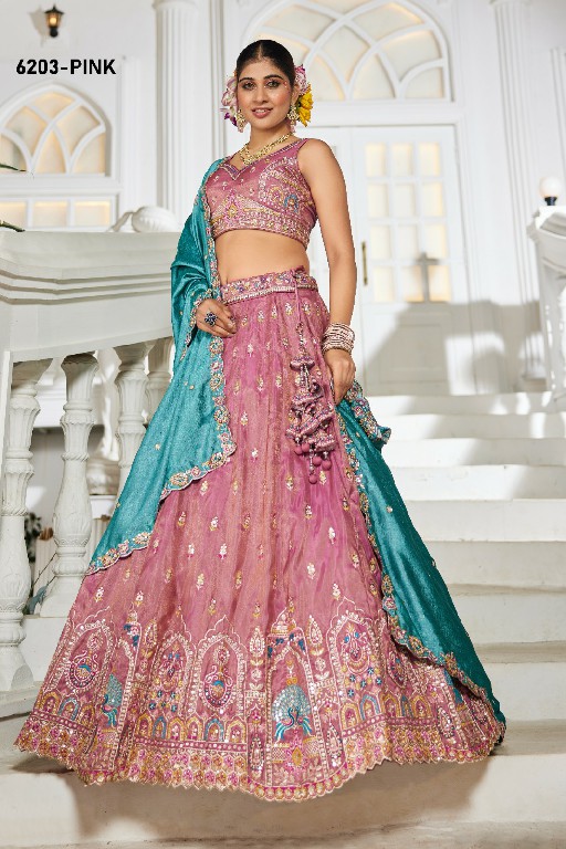 PF SERIES D.NO 6203 WHOLESALE TISSUE WITH WORK FESTIVE WEAR LEHENGA CHOLI FOR EXPORT