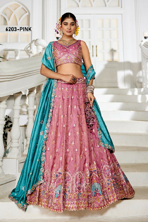 PF SERIES D.NO 6203 WHOLESALE TISSUE WITH WORK FESTIVE WEAR LEHENGA CHOLI FOR EXPORT