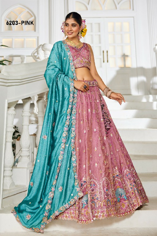 PF SERIES D.NO 6203 WHOLESALE TISSUE WITH WORK FESTIVE WEAR LEHENGA CHOLI FOR EXPORT