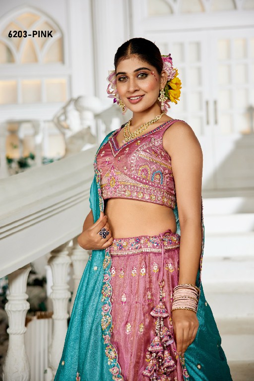 PF SERIES D.NO 6203 WHOLESALE TISSUE WITH WORK FESTIVE WEAR LEHENGA CHOLI FOR EXPORT