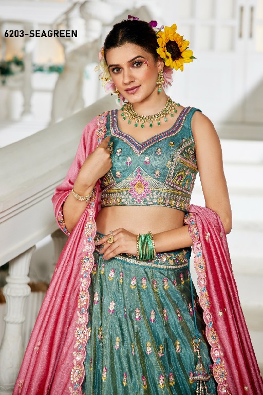 PF SERIES D.NO 6203 WHOLESALE TISSUE WITH WORK FESTIVE WEAR LEHENGA CHOLI FOR EXPORT