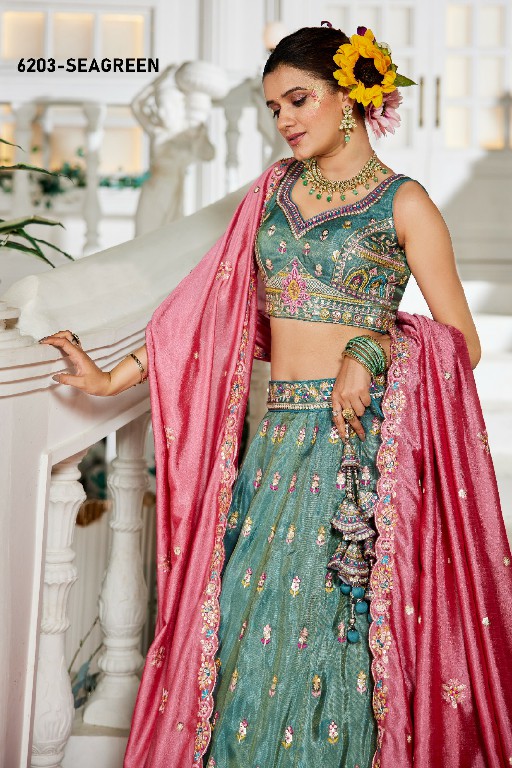 PF SERIES D.NO 6203 WHOLESALE TISSUE WITH WORK FESTIVE WEAR LEHENGA CHOLI FOR EXPORT