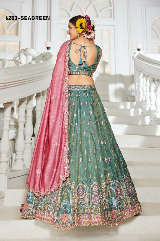 PF SERIES D.NO 6203 WHOLESALE TISSUE WITH WORK FESTIVE WEAR LEHENGA CHOLI FOR EXPORT