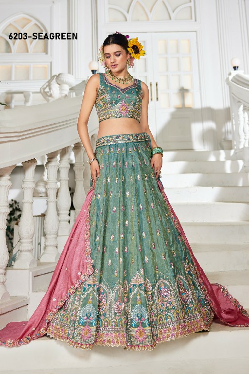 PF SERIES D.NO 6203 WHOLESALE TISSUE WITH WORK FESTIVE WEAR LEHENGA CHOLI FOR EXPORT
