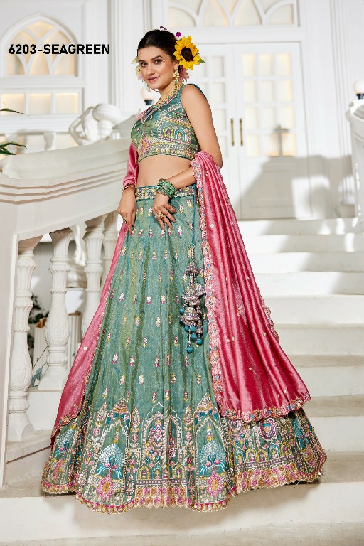 PF SERIES D.NO 6203 WHOLESALE TISSUE WITH WORK FESTIVE WEAR LEHENGA CHOLI FOR EXPORT