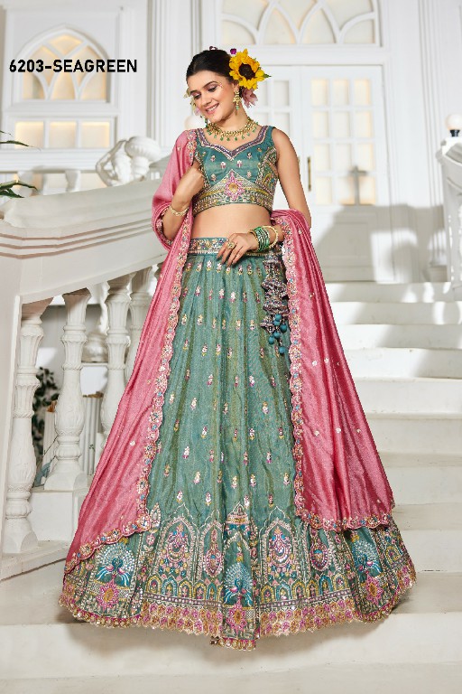 PF SERIES D.NO 6203 WHOLESALE TISSUE WITH WORK FESTIVE WEAR LEHENGA CHOLI FOR EXPORT