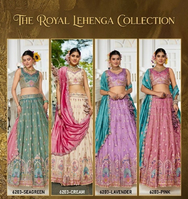 PF SERIES D.NO 6203 WHOLESALE TISSUE WITH WORK FESTIVE WEAR LEHENGA CHOLI FOR EXPORT