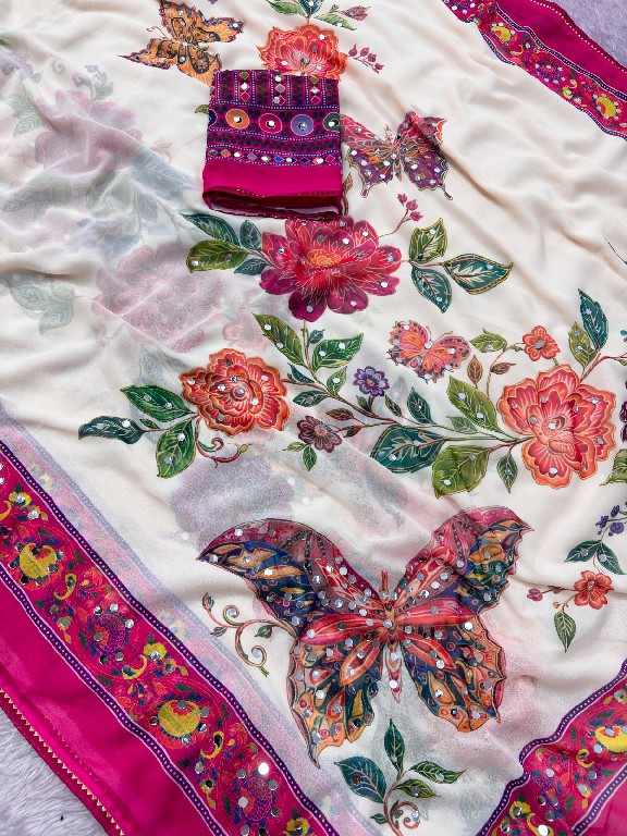 TEXTILEDEAL D.NO JR-681 WHOLESALE SOFT GEORGETTE MIRROR WORK FANCY INDIAN SAREES FOR EXPORT