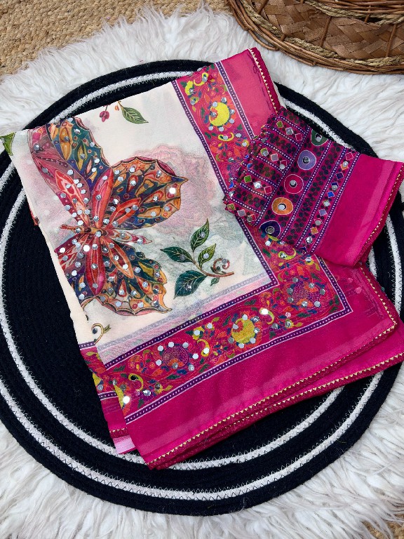 TEXTILEDEAL D.NO JR-681 WHOLESALE SOFT GEORGETTE MIRROR WORK FANCY INDIAN SAREES FOR EXPORT