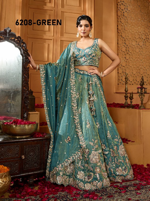PF SERIES D.NO 6208 WHOLESALE TISSUE WITH WORK ETHNIC WEAR LEHENGA CHOLI FOR EXPORT