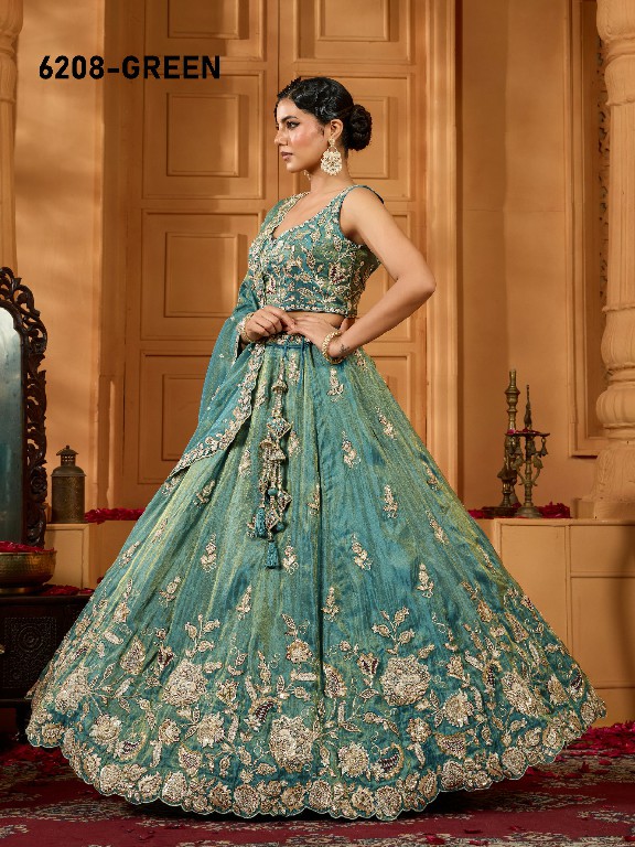 PF SERIES D.NO 6208 WHOLESALE TISSUE WITH WORK ETHNIC WEAR LEHENGA CHOLI FOR EXPORT