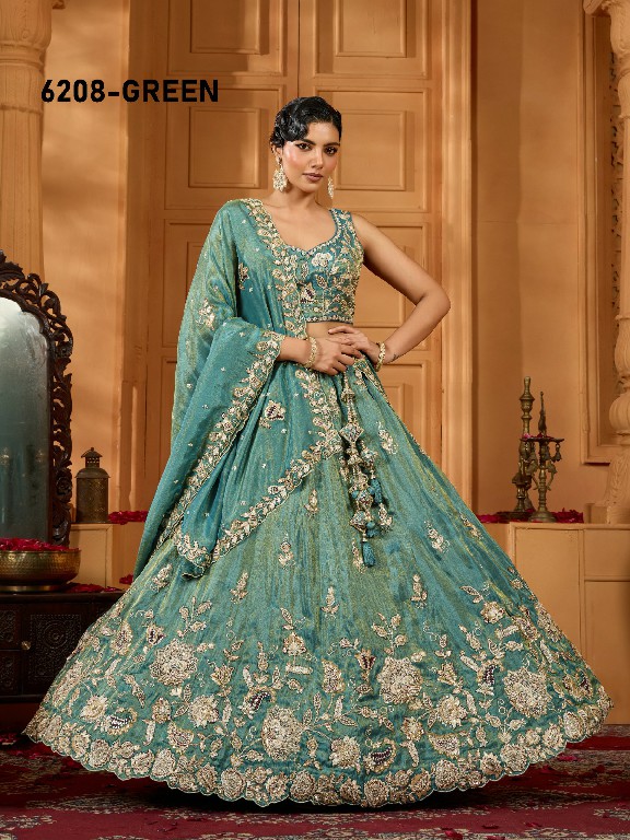 PF SERIES D.NO 6208 WHOLESALE TISSUE WITH WORK ETHNIC WEAR LEHENGA CHOLI FOR EXPORT